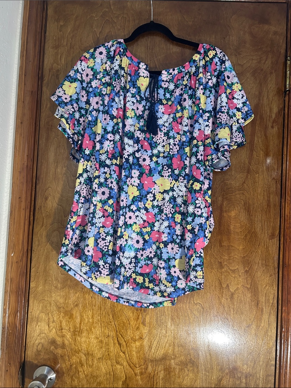 Allison Daley Navy Floral Flutter Sleeve Blouse - Pink Yellow White